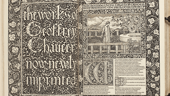Detail from the Kelmscott Chaucer. Engravings were designed by Morris' friend and collaborator Edward Burne-Jones. Shared under the Wikimedia Commons, original here. 